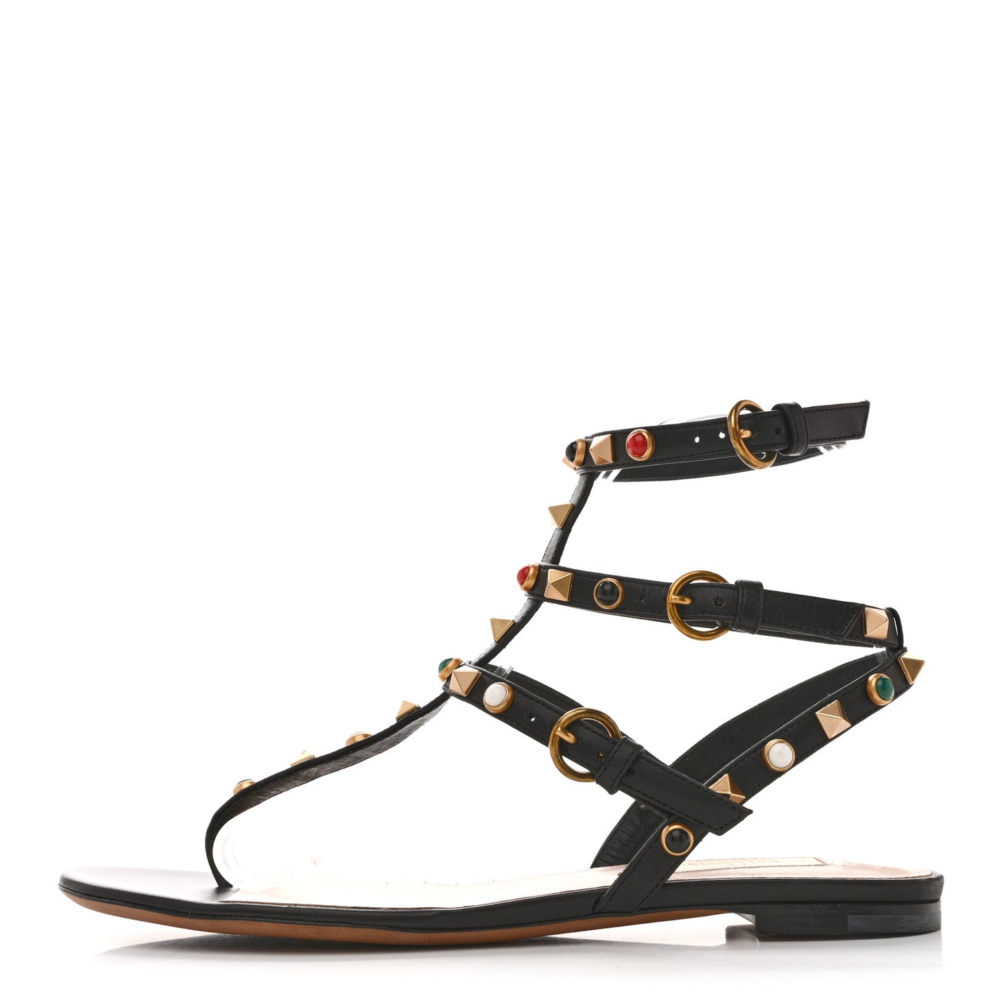 Calfskin Rockstud Rolling Ankle Wrap Flat Thong Sandals 37 Black