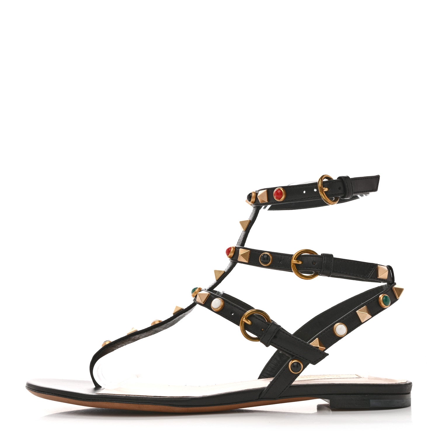 Valentino Garavani Calfskin Rockstud Rolling Ankle Wrap Flat Thong Sandals 37 Black 1 of 10