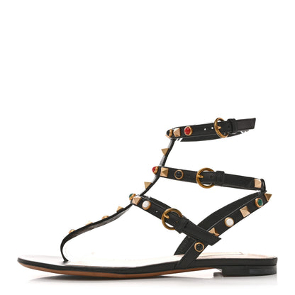 Valentino Garavani Calfskin Rockstud Rolling Ankle Wrap Flat Thong Sandals 37 Black 1 of 10