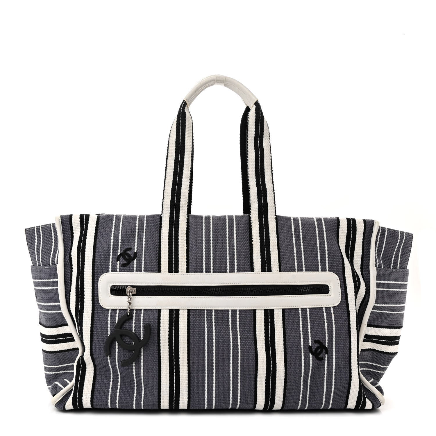 Chanel Striped Canvas CC Tote Blue White Black 1 of 19