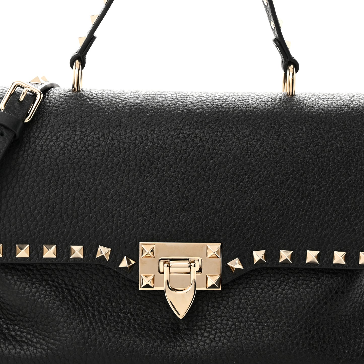 Pebbled Calfskin Rockstud Single Handle Flap Bag Black