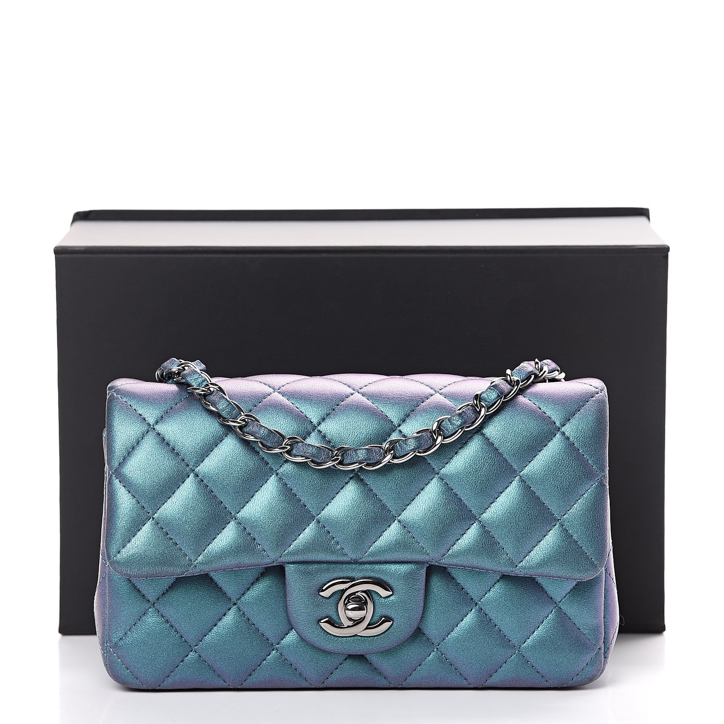 Iridescent Lambskin Quilted Mini Rectangular Flap Turquoise