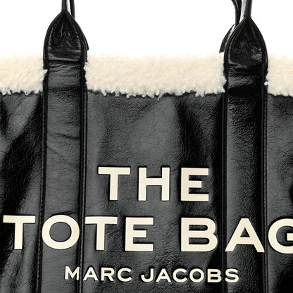 Marc Jacobs Shiny Calfskin Faux Shearling Large The Traveler Tote Bag Black 8 of 12