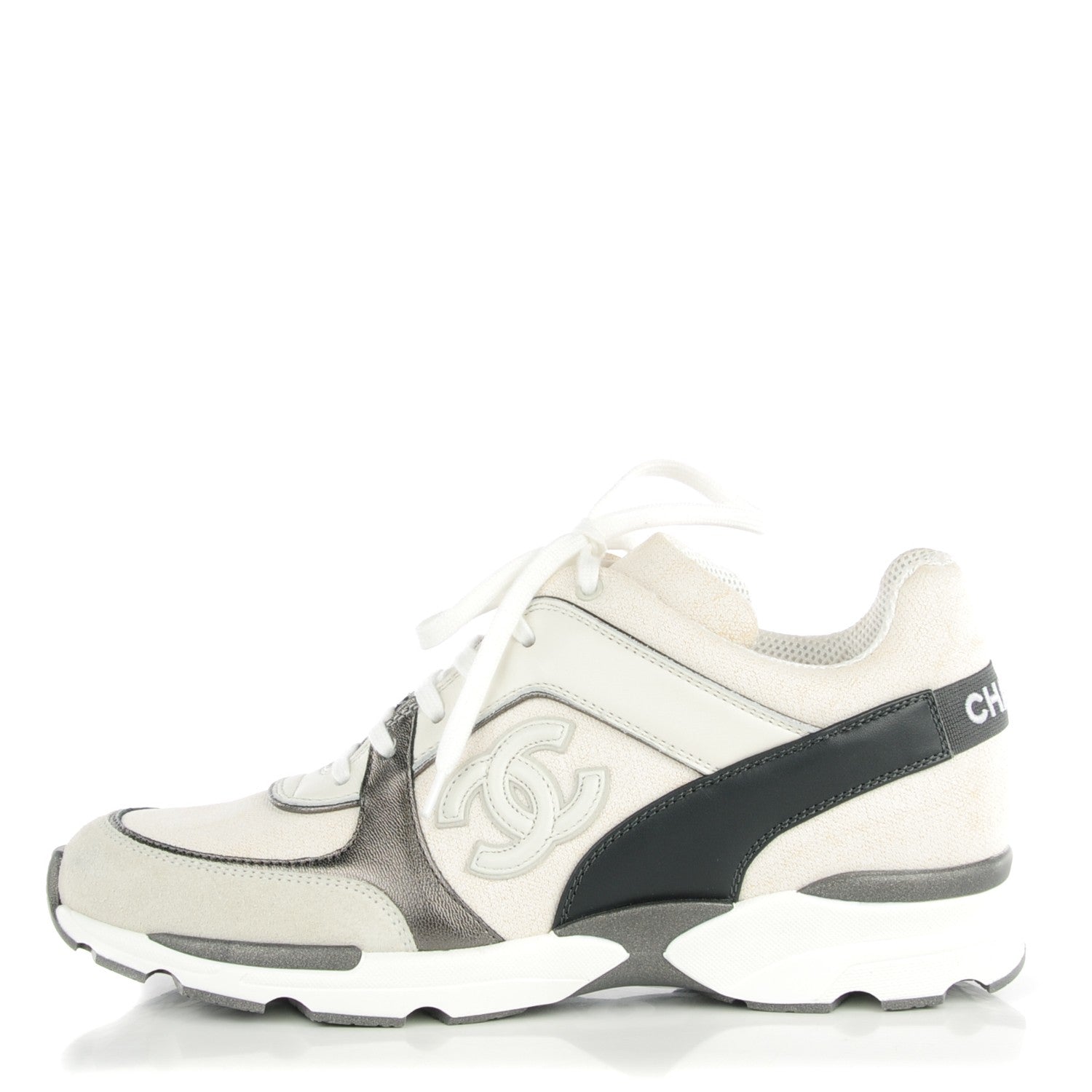 Chanel Suede Calfskin Canvas Goatskin CC Sneakers 38 White Gray 1 of 9