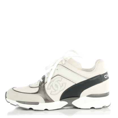 Chanel Suede Calfskin Canvas Goatskin CC Sneakers 38 White Gray 1 of 9