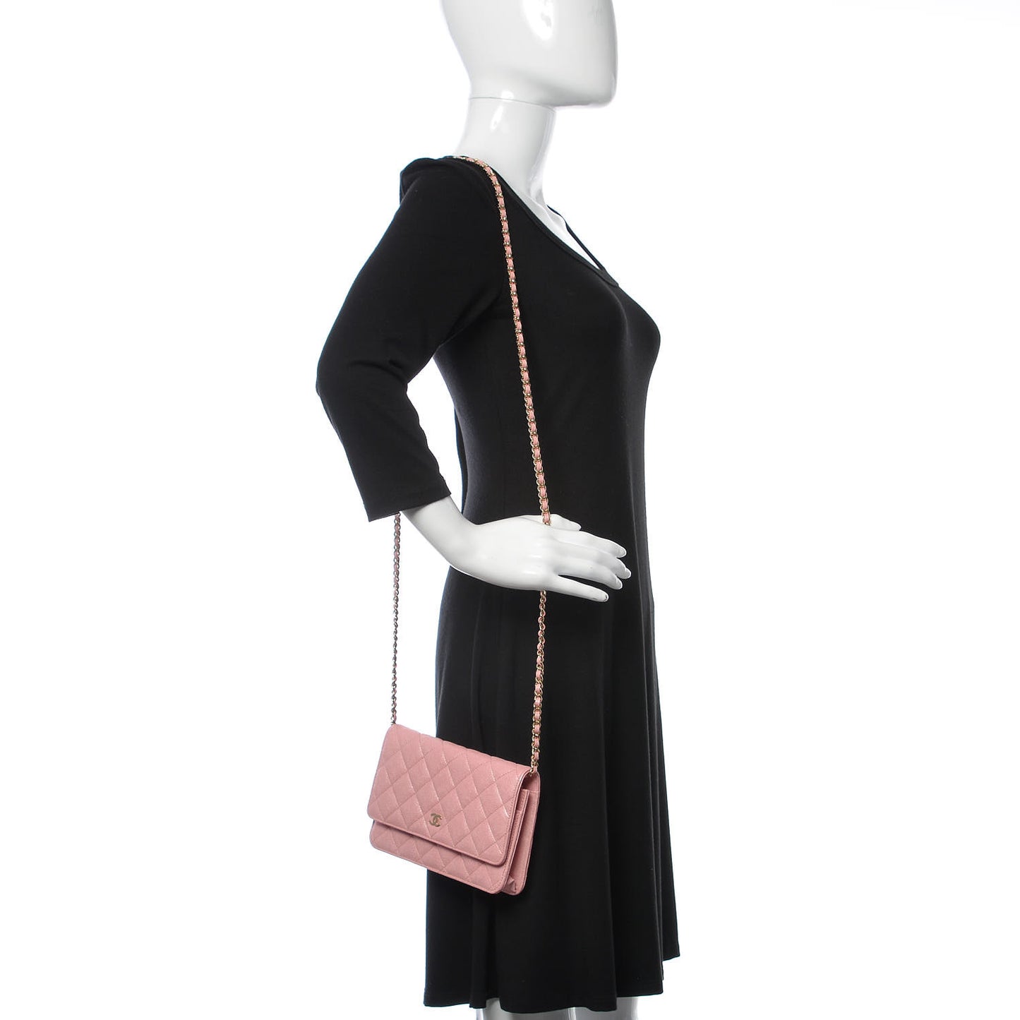 Iridescent Caviar Quilted Wallet on Chain WOC Rose Pink