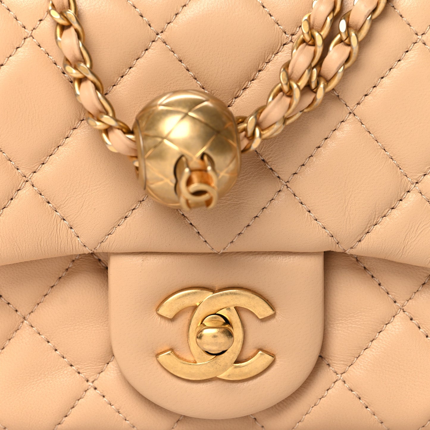 Lambskin Quilted Mini Pearl Crush Flap Beige