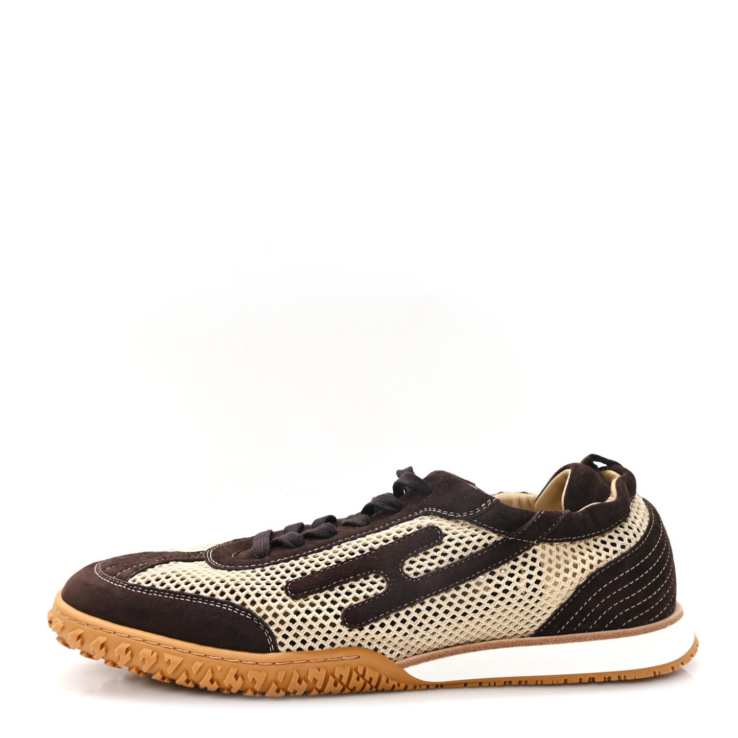 Crochet Knit Suede Goatskin Mens Jet Sneakers 44.5 Beige Lin Marron Ebene