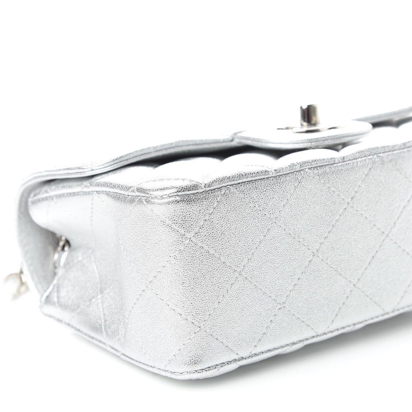 Metallic Lambskin Quilted Mini Rectangular Flap Silver