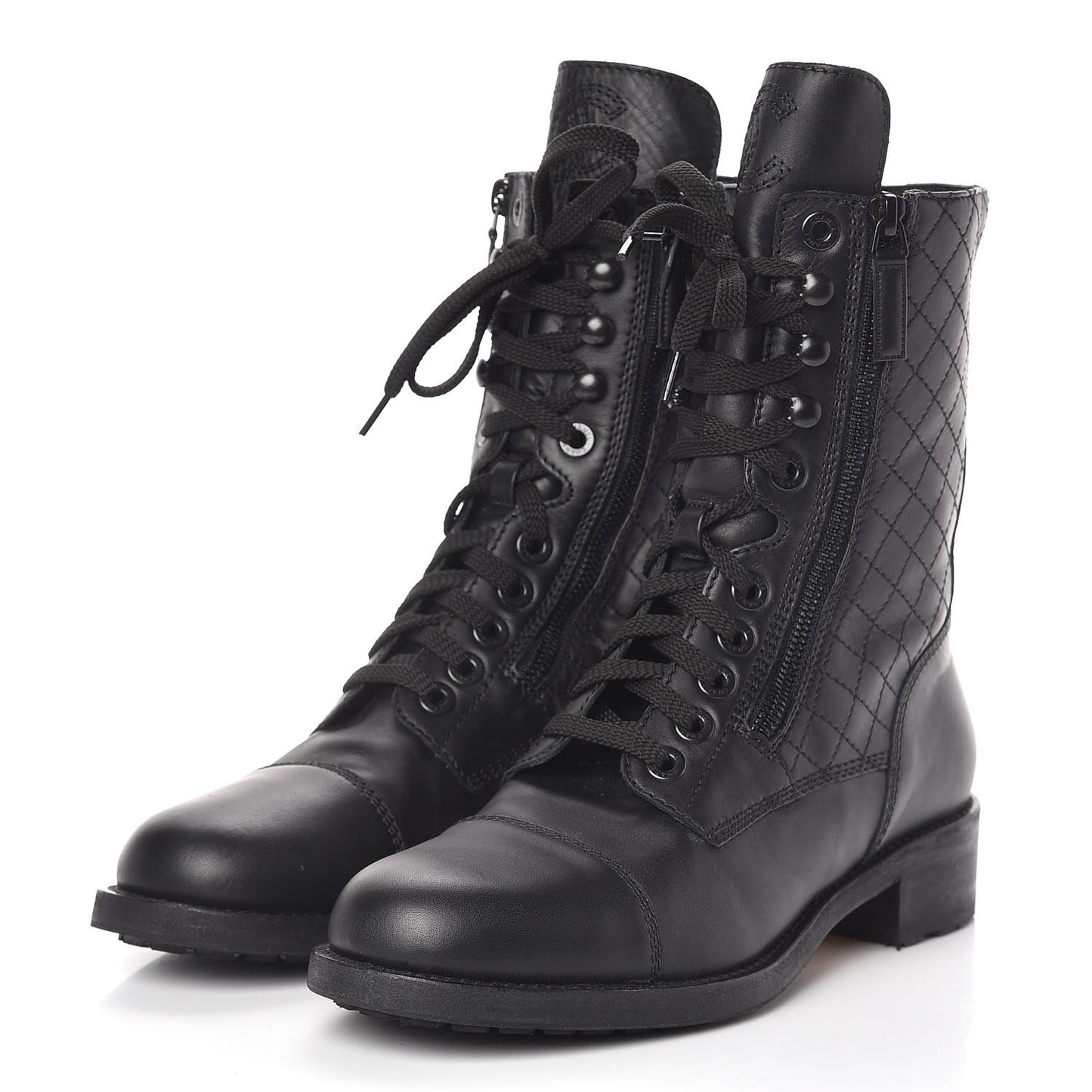 Calfskin Quilted CC Tall Lace Up Combat Boots 40 Black