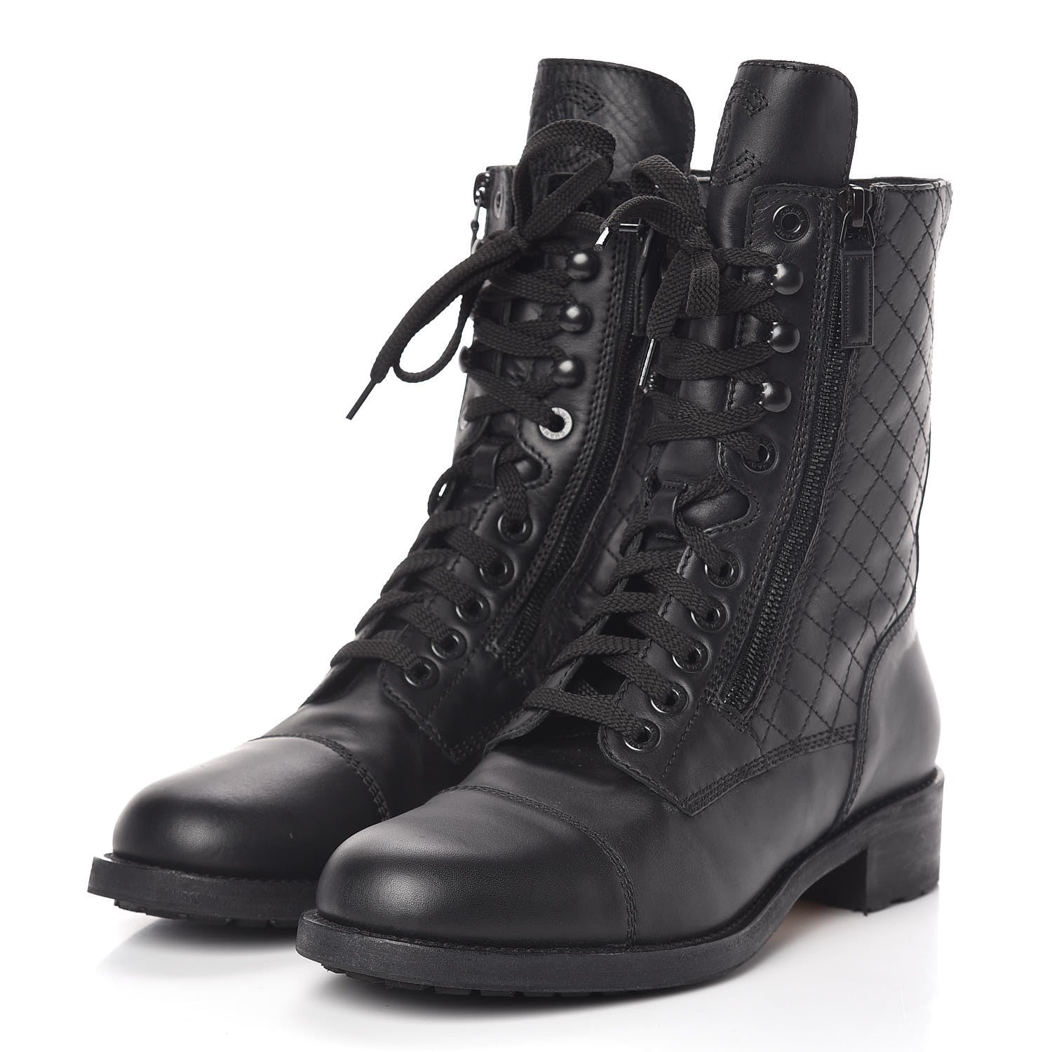 Chanel Calfskin Quilted CC Tall Lace Up Combat Boots 40 Black 4 of 12