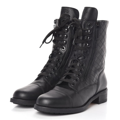 Chanel Calfskin Quilted CC Tall Lace Up Combat Boots 40 Black 4 of 12