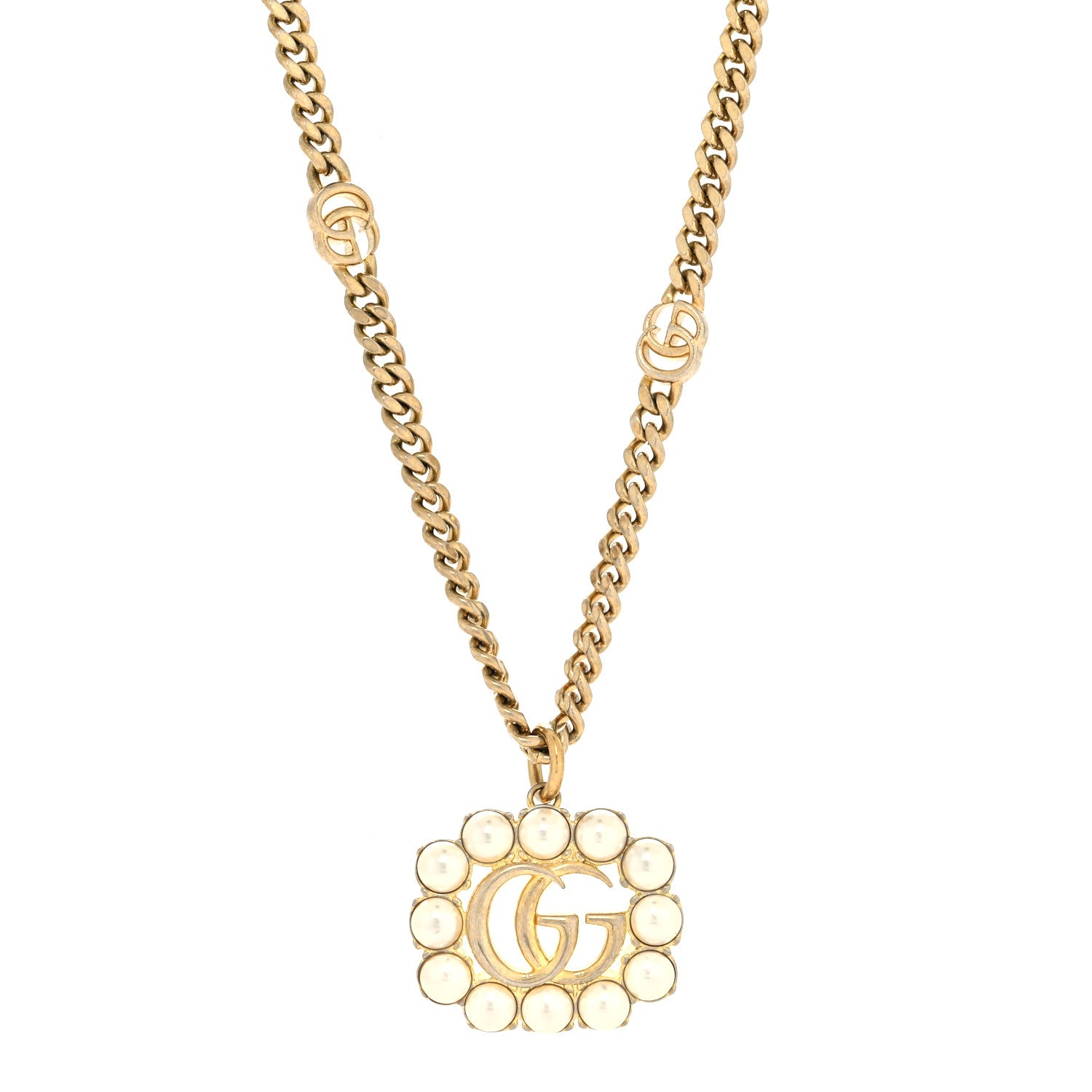 Gucci Pearl Embellished Double G Necklace Aged Gold 1 of 5