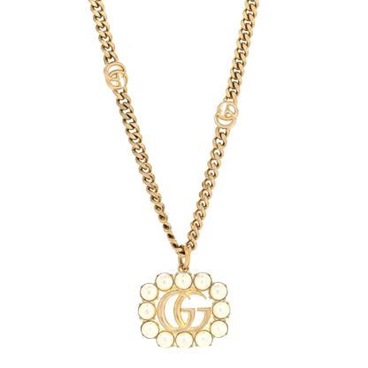Gucci Pearl Embellished Double G Necklace Aged Gold 1 of 5