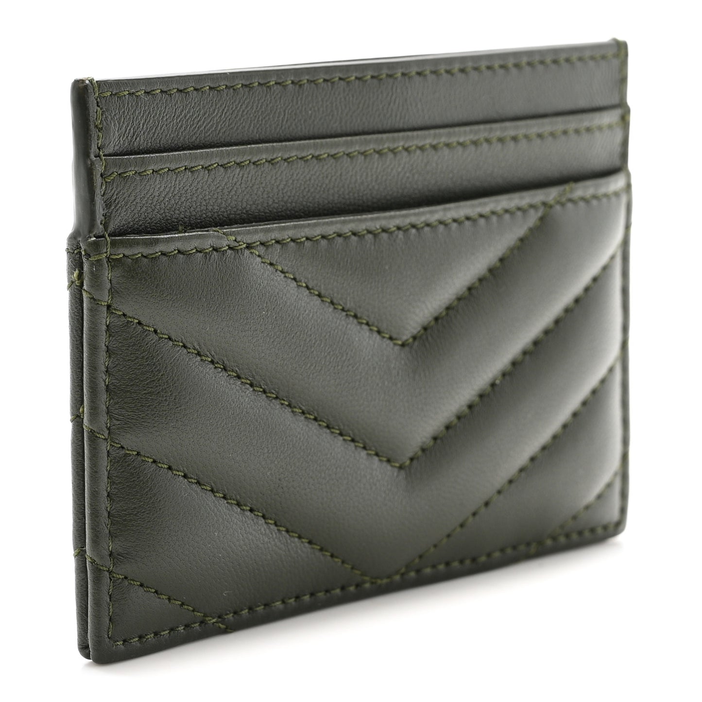 Lambskin Matelasse Chevron Monogram Credit Card Case Olive Wood