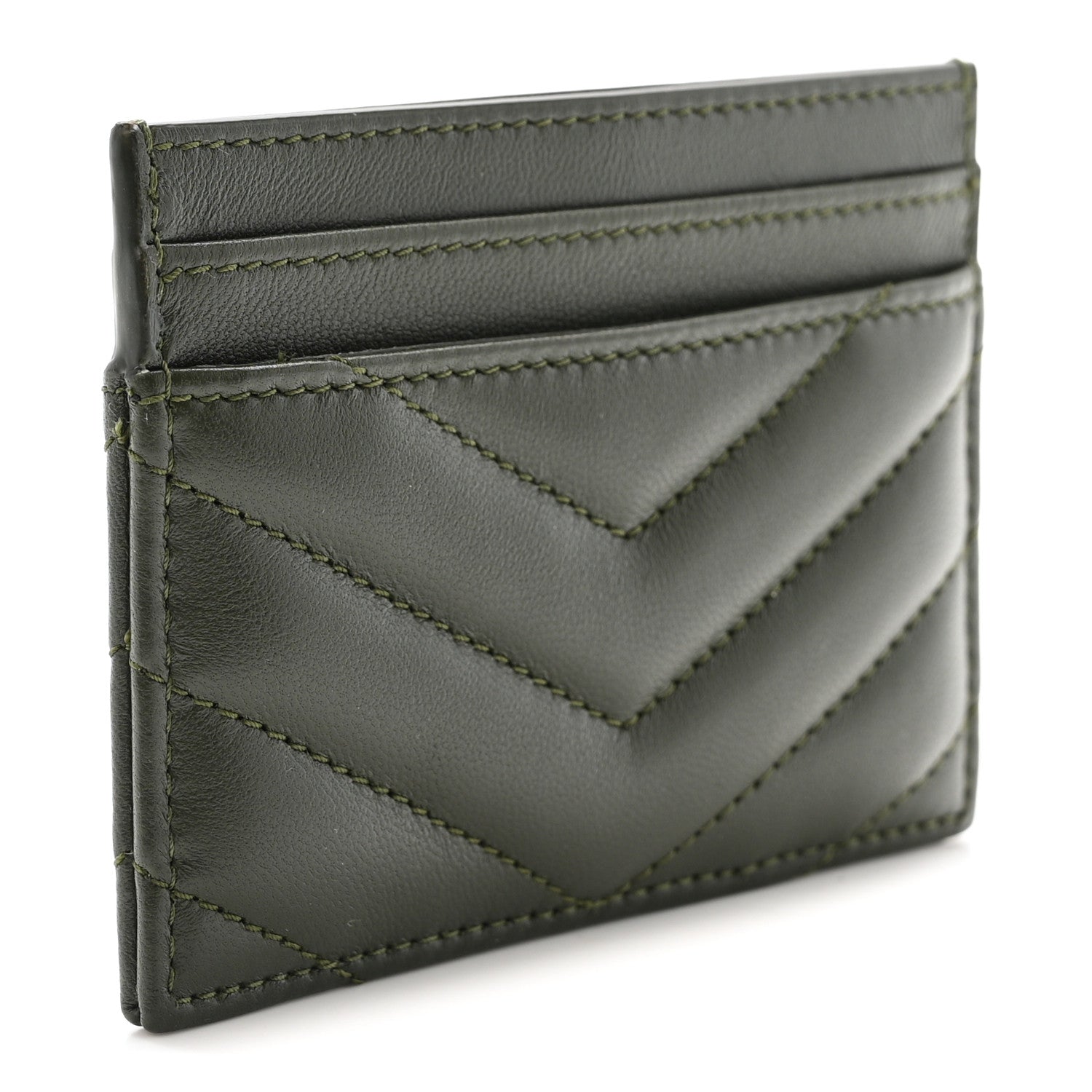 Saint Laurent Lambskin Matelasse Chevron Monogram Credit Card Case Olive Wood 3 of 6