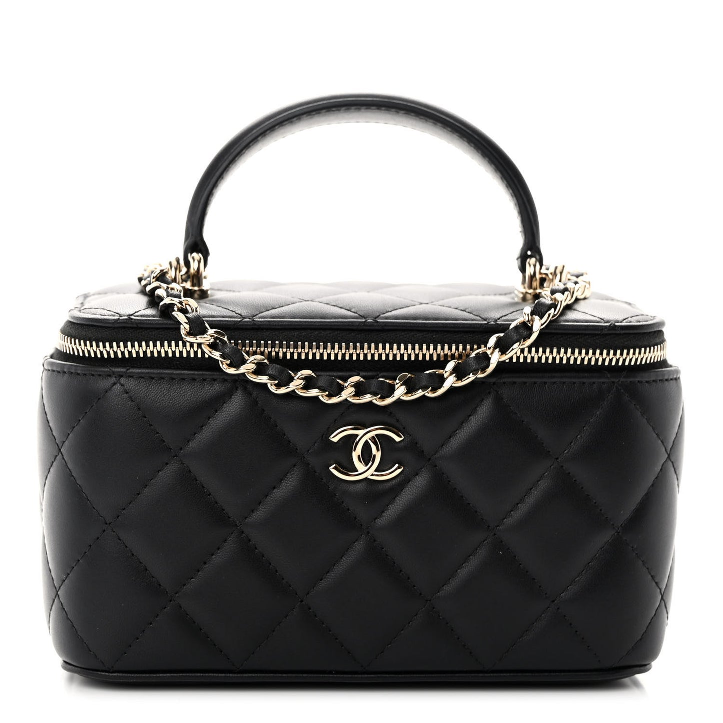 Lambskin Quilted Small Top Handle Vanity Case With Chain Black