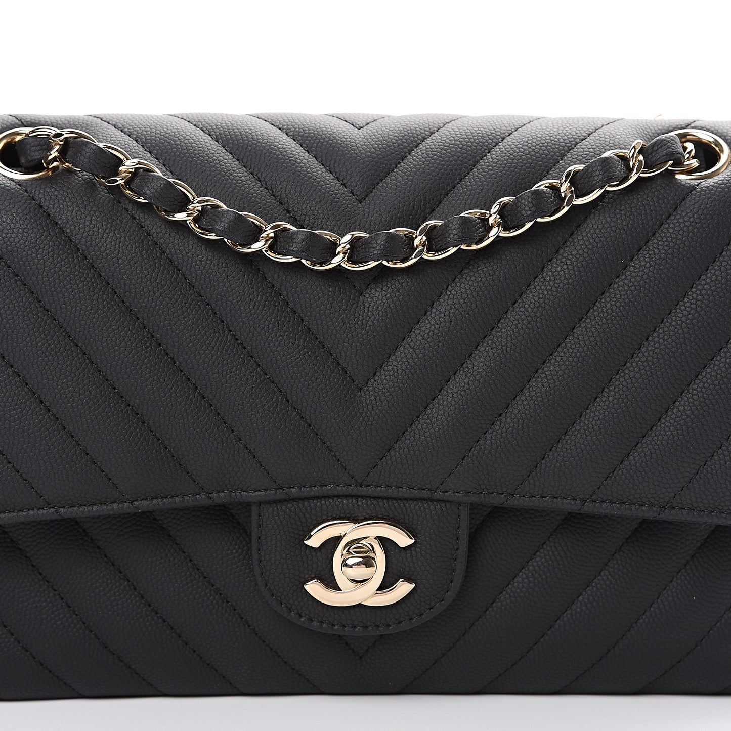 Caviar Chevron Quilted Medium Double Flap Black