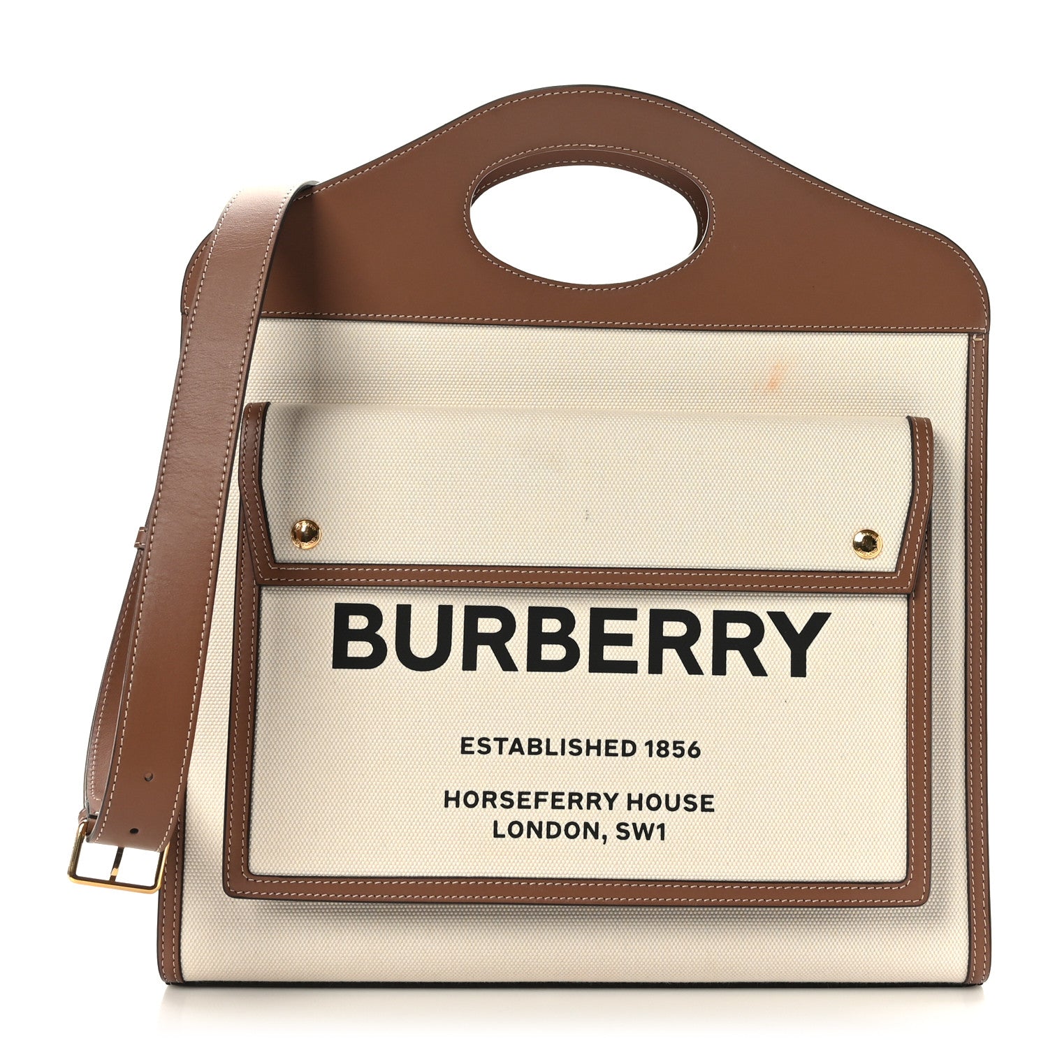 Burberry Canvas Smooth Calfskin Two Tone Medium Pocket Bag Natural Malt Brown 1 of 9