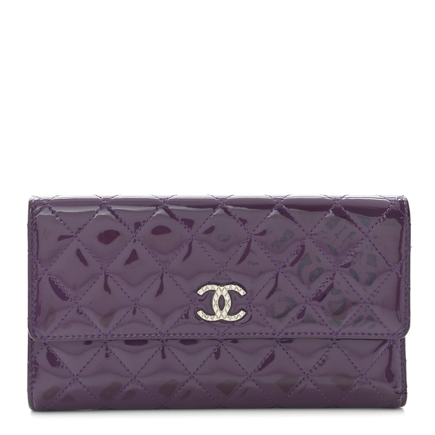Patent Calfskin Quilted Large Brilliant Flap Wallet Purple