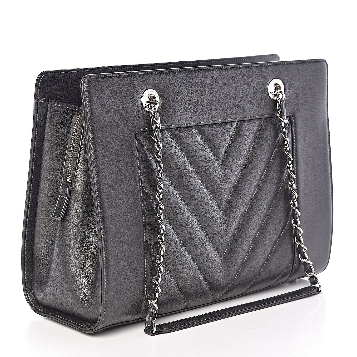 Chanel Sheepskin Chevron Quilted Mademoiselle Vintage Shopping Tote Dark Grey 3 of 11