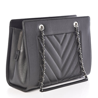 Chanel Sheepskin Chevron Quilted Mademoiselle Vintage Shopping Tote Dark Grey 3 of 11