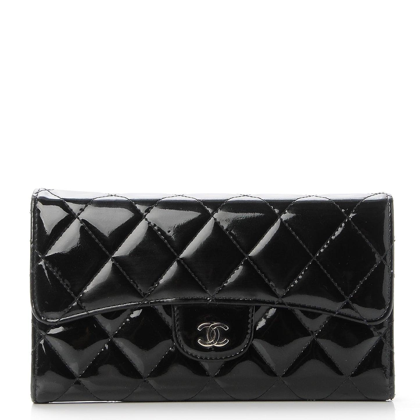 Patent Calfskin Quilted Large Flap Wallet Black