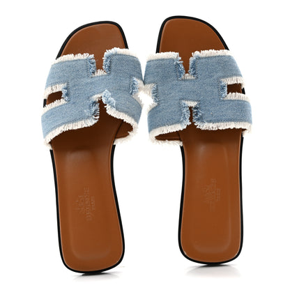 Hermes Denim Oran Fringe Sandals 37 Bleu Clair 2 of 10