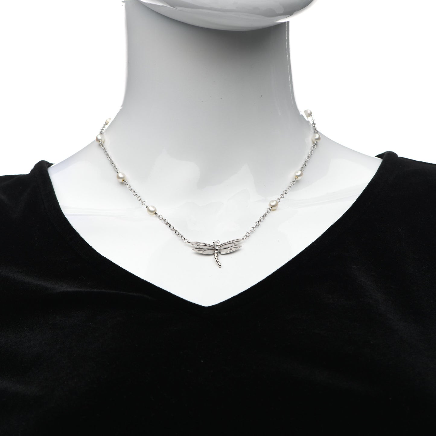 18K White Gold Diamond Pearl Dragonfly Station Necklace