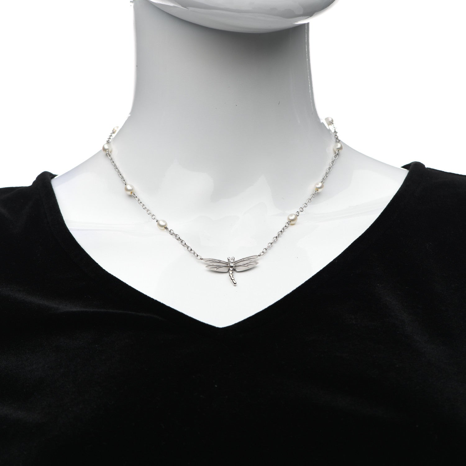 Tiffany 18K White Gold Diamond Pearl Dragonfly Station Necklace 2 of 6