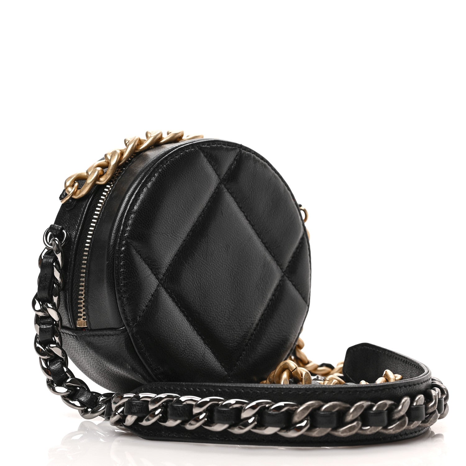 Chanel Shiny Goatskin Quilted Chanel 19 Round Clutch With Chain Black 2 of 11