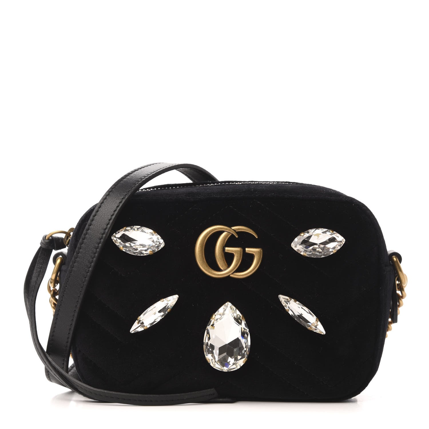 Gucci Velvet Matelasse Marquise Crystals Mini GG Marmont Chain Shoulder Bag Black 1 of 9