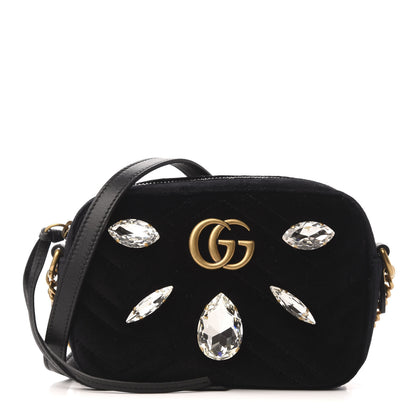 Gucci Velvet Matelasse Marquise Crystals Mini GG Marmont Chain Shoulder Bag Black 1 of 9