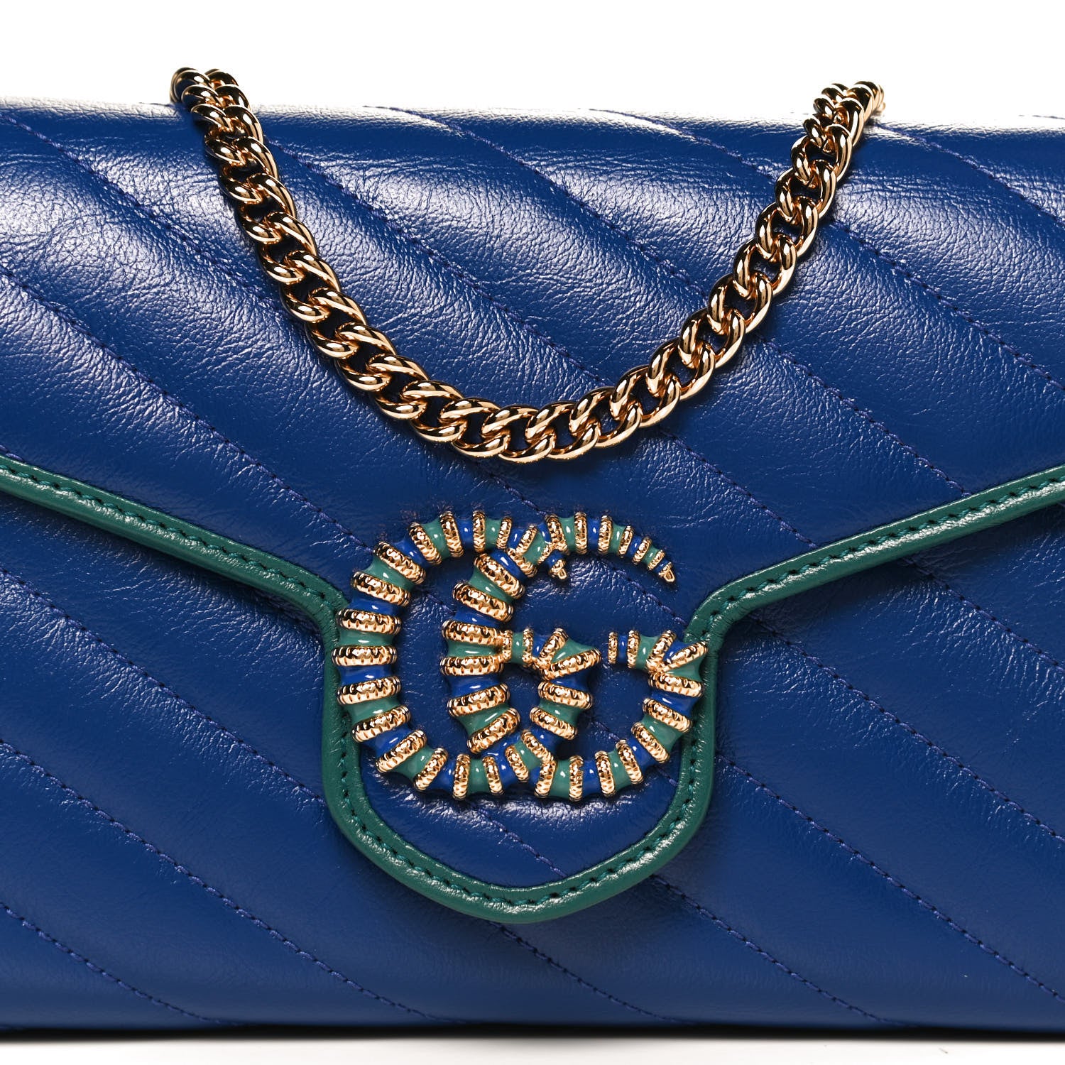 Gucci Azalea Calfskin Enamel Matelasse Diagonal Torchon GG Marmont Chain Wallet Imperial Blue Pavone 6 of 9