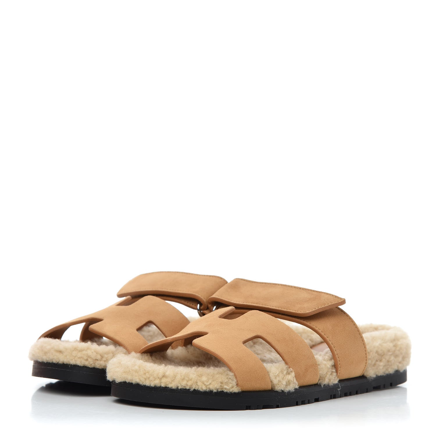 Hermes Suede Goatskin Woolskin Womens Chypre Sandals 36.5 Golden Beige 3 of 9