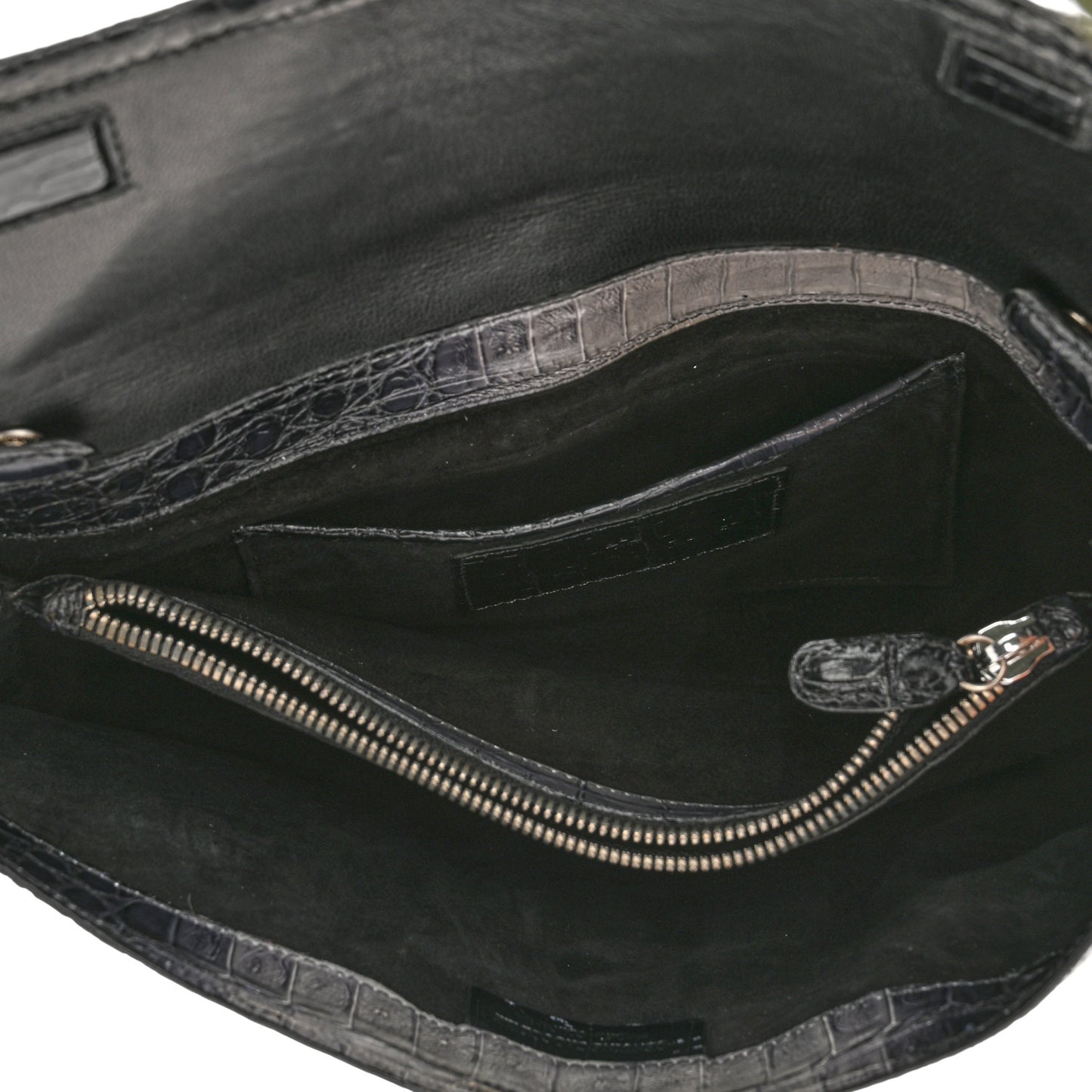 Crocodile Foldover Clutch Black White
