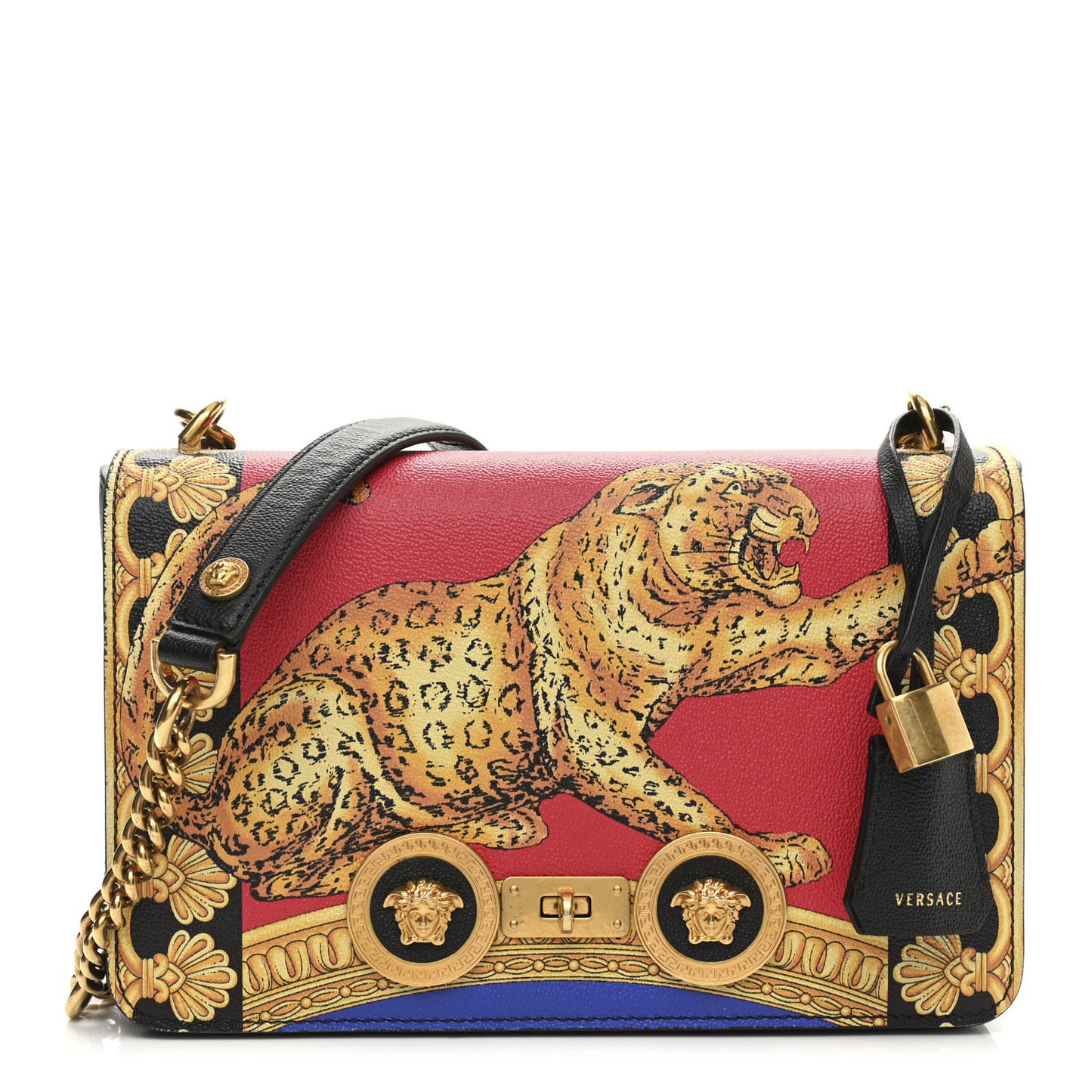 Calfskin Leopard Baroque Print Medium Icon Chain Bag Black Multicolor