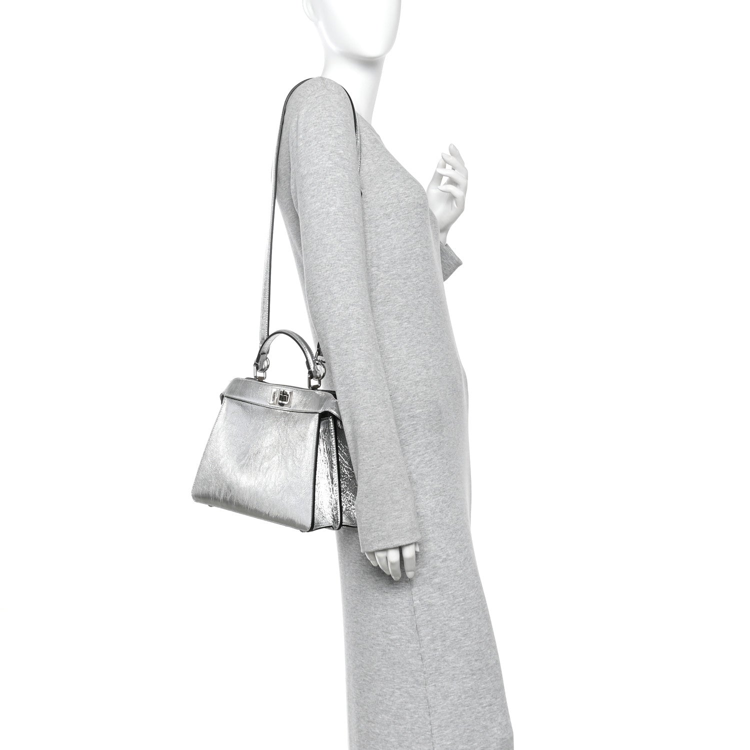 Fendi Rock Millenium Laminata Small Peekaboo I SEE U Satchel Argento 2 of 11