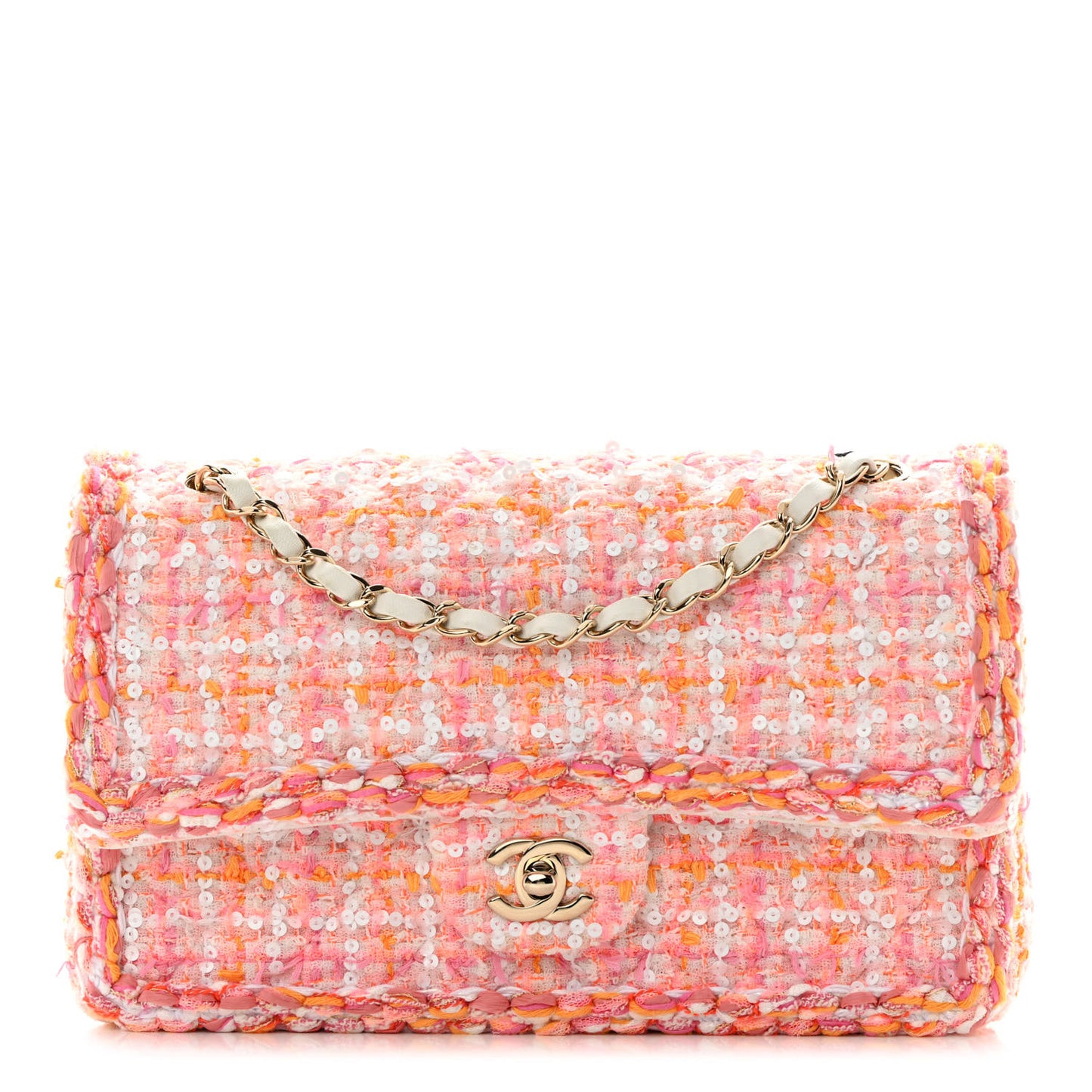Tweed Braid Sequin Medium Double Flap White Pink Orange