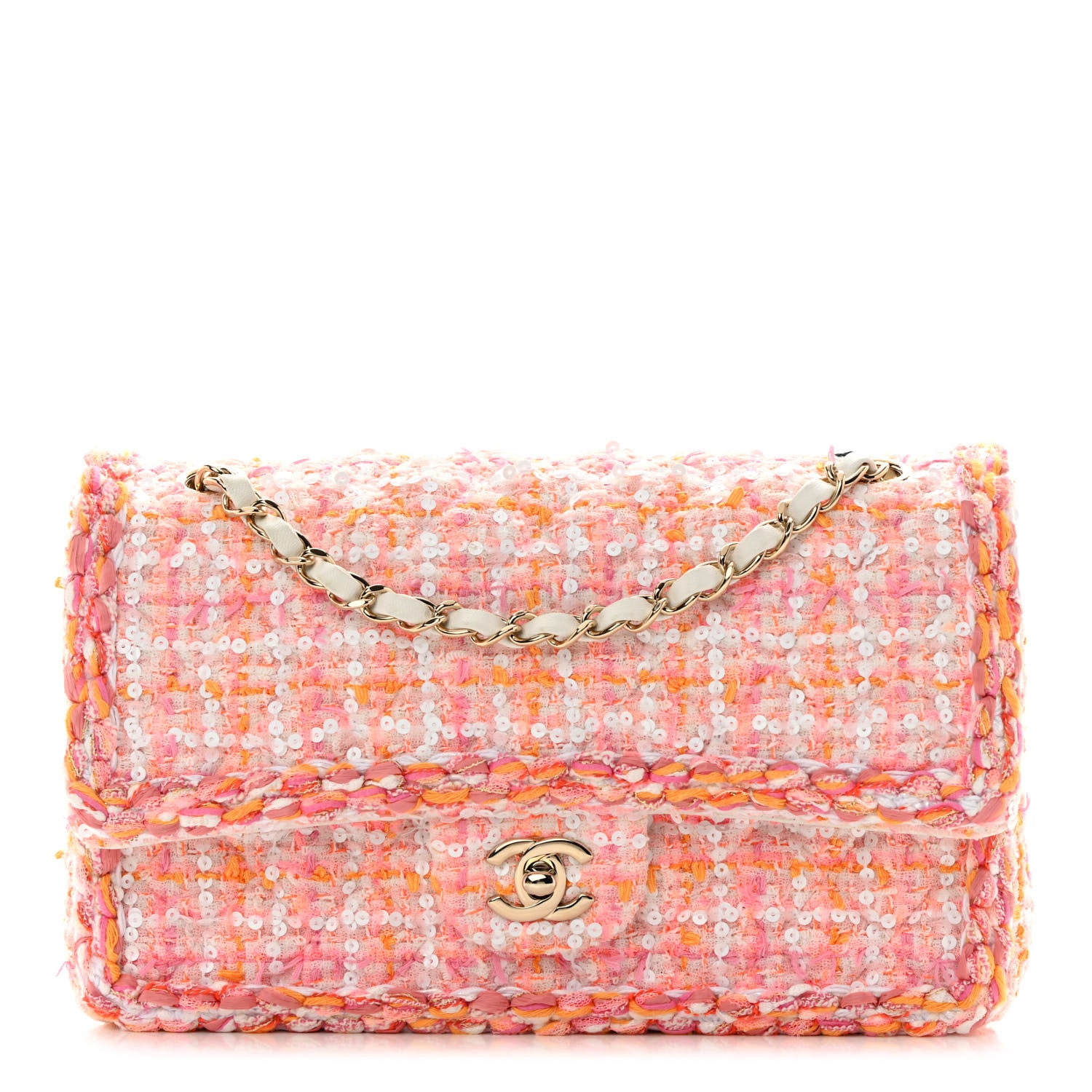 Chanel Tweed Braid Sequin Medium Double Flap White Pink Orange 1 of 13