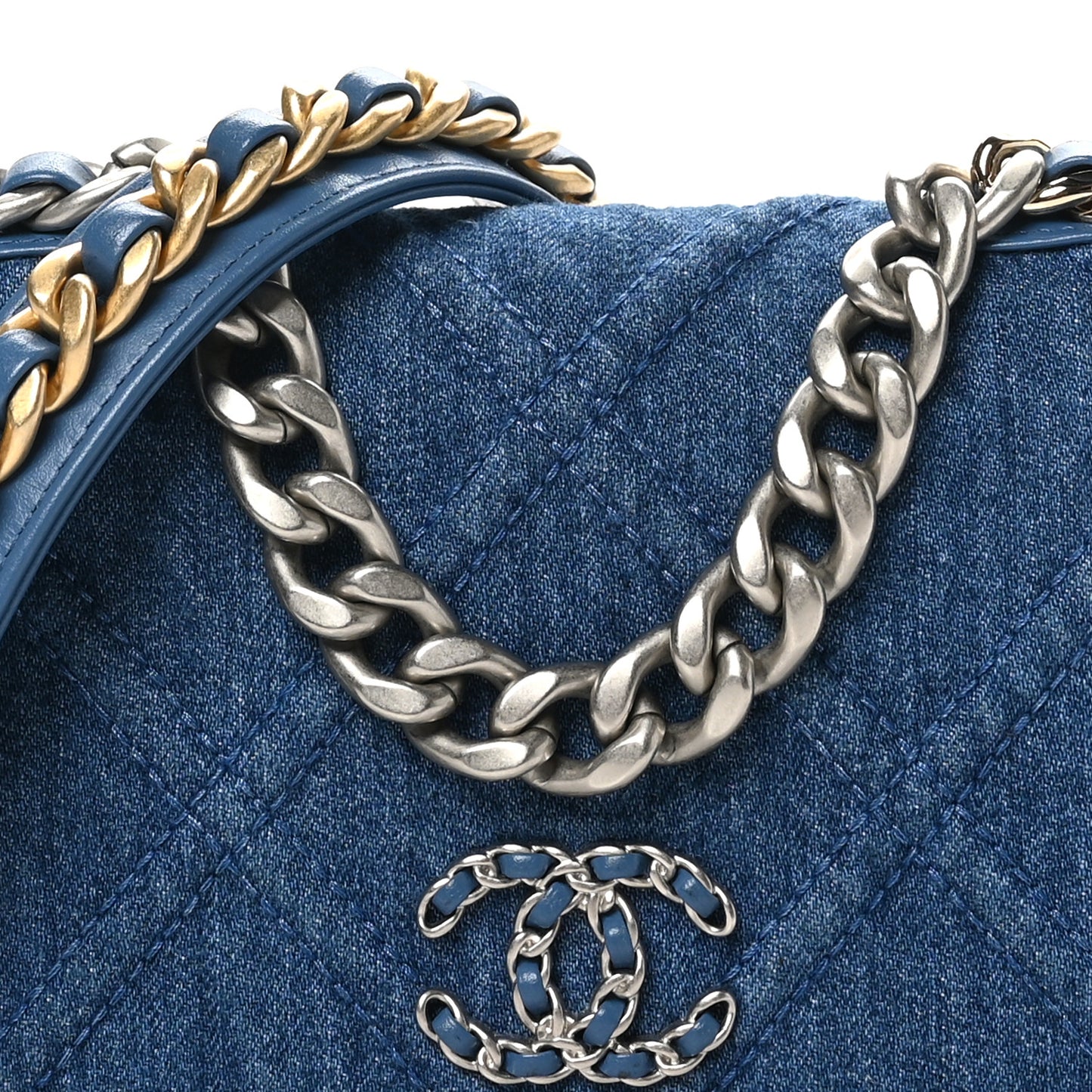 Denim Quilted Chanel 19 Wallet On Chain WOC Blue