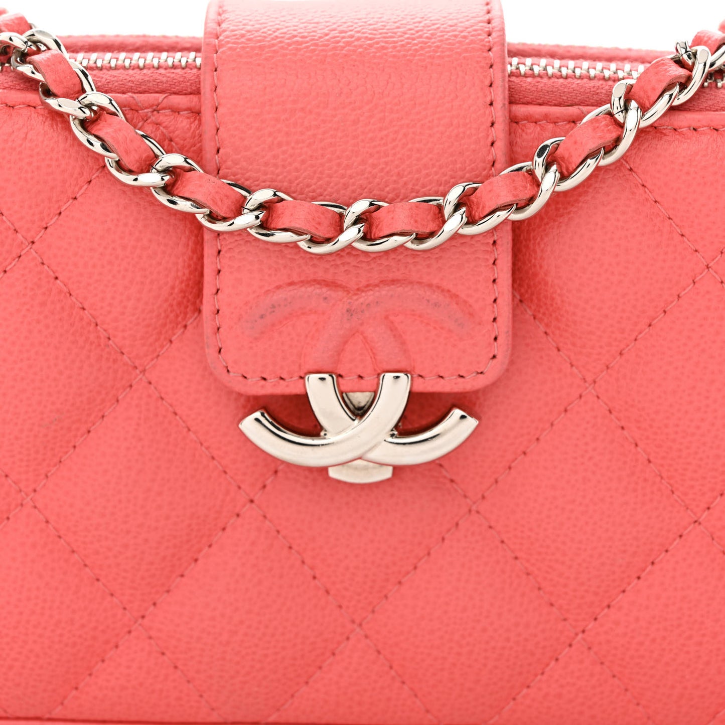 Caviar Quilted CC Box Clutch With Chain Coral