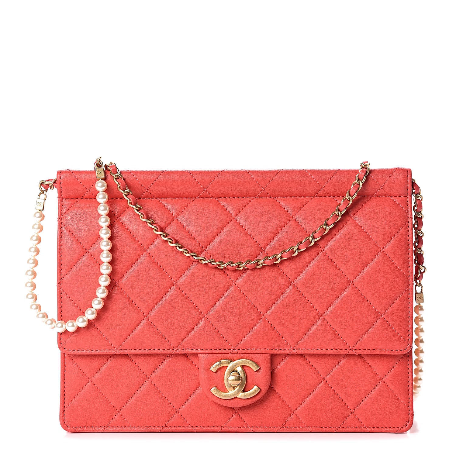 Chanel Lambskin Quilted Large Pearl Chain Flap Bag Red 1 of 12