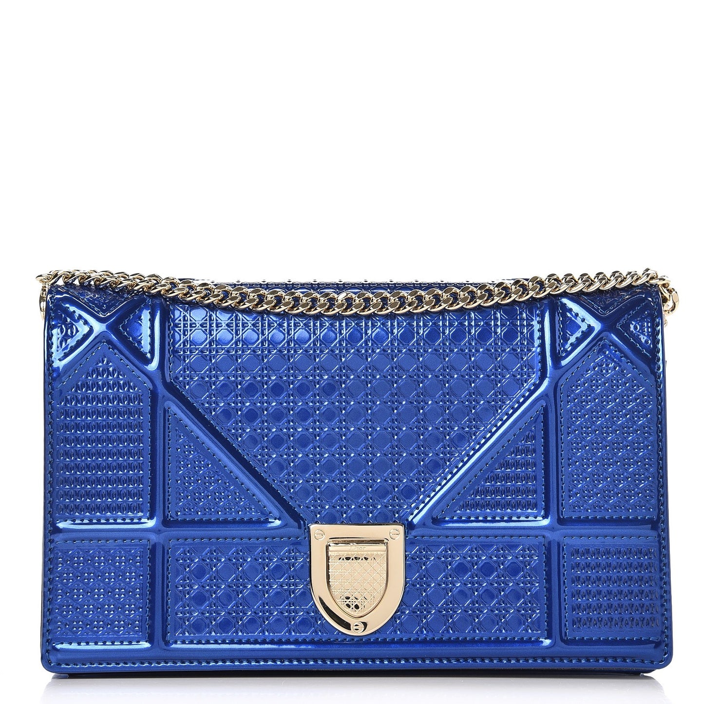 Metallic Patent Micro-Cannage Diorama Wallet on Chain Pouch Mirror Blue