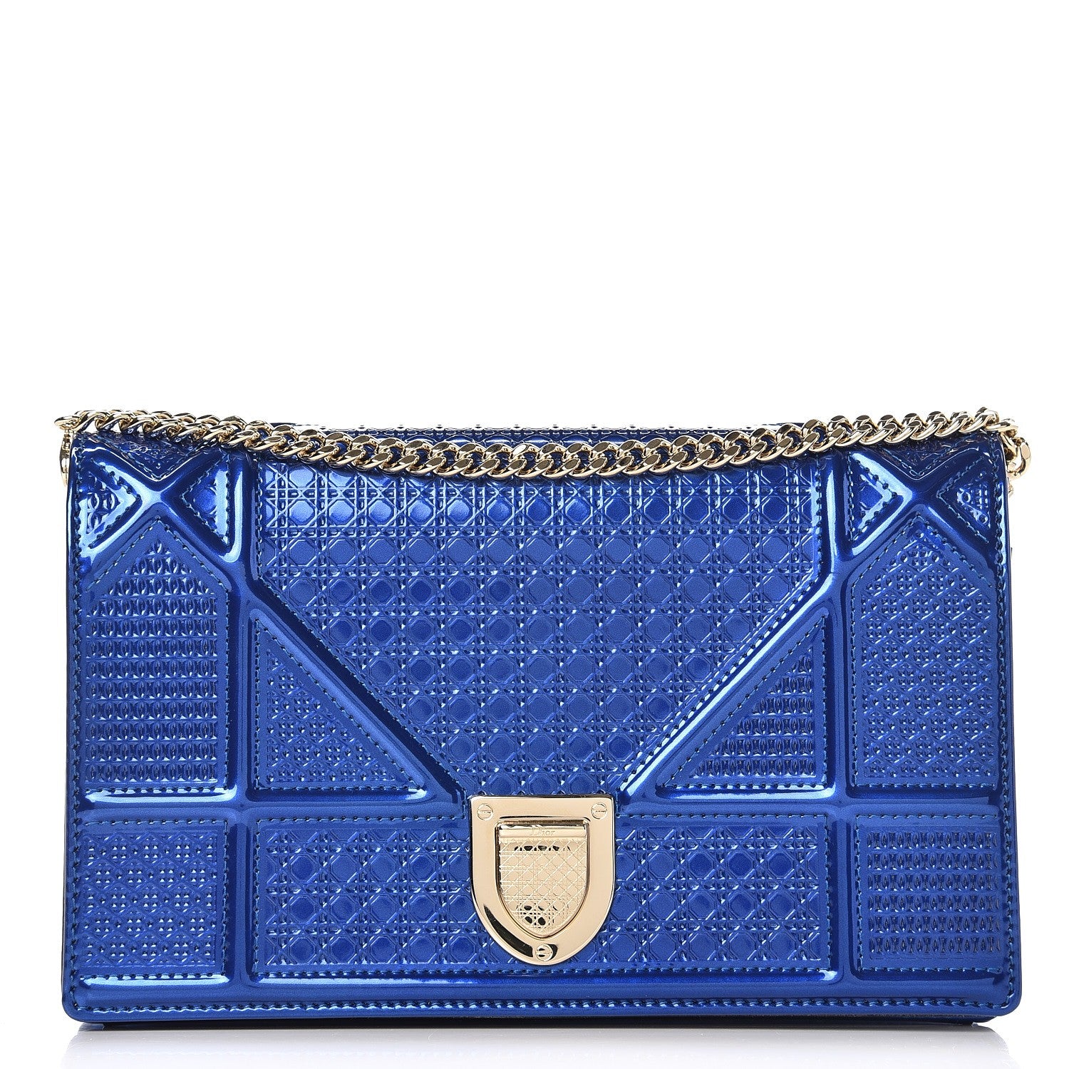 Christian Dior Metallic Patent Micro-Cannage Diorama Wallet on Chain Pouch Mirror Blue 1 of 6