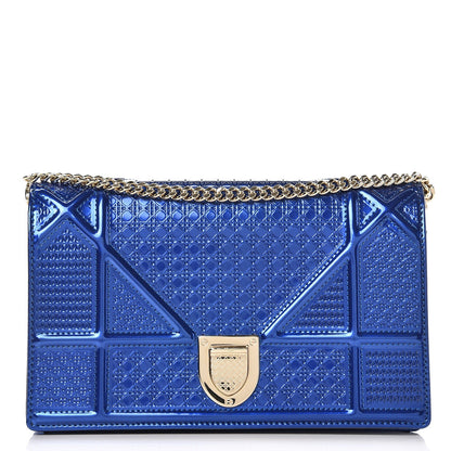 Christian Dior Metallic Patent Micro-Cannage Diorama Wallet on Chain Pouch Mirror Blue 1 of 6