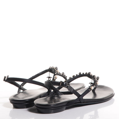 Chanel CC Pearl Thong Sandals 37.5 Black 3 of 5
