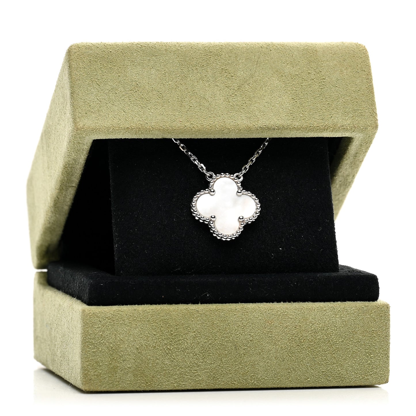 18K White Gold Mother of Pearl Vintage Alhambra Pendant Necklace