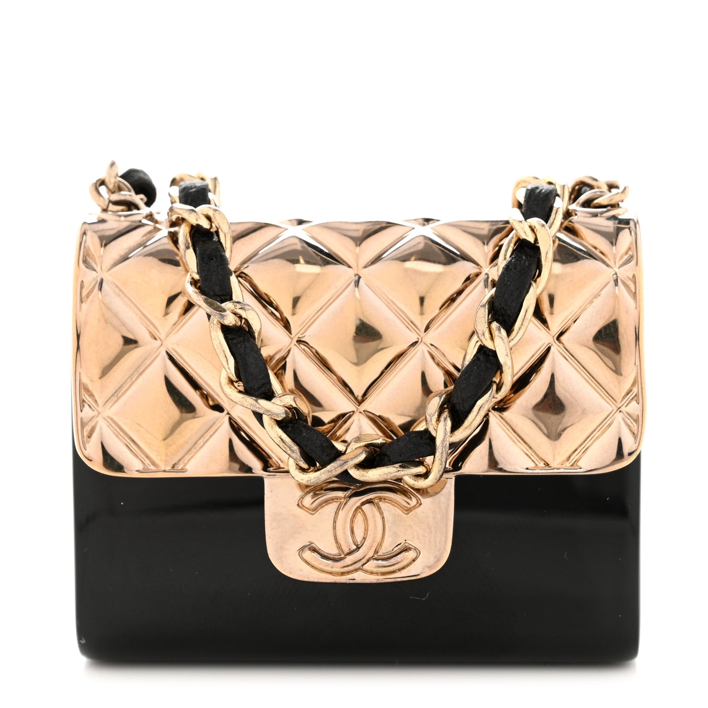 Metal Resin Lambskin Crossbody Flap Bag Long Necklace Black Gold