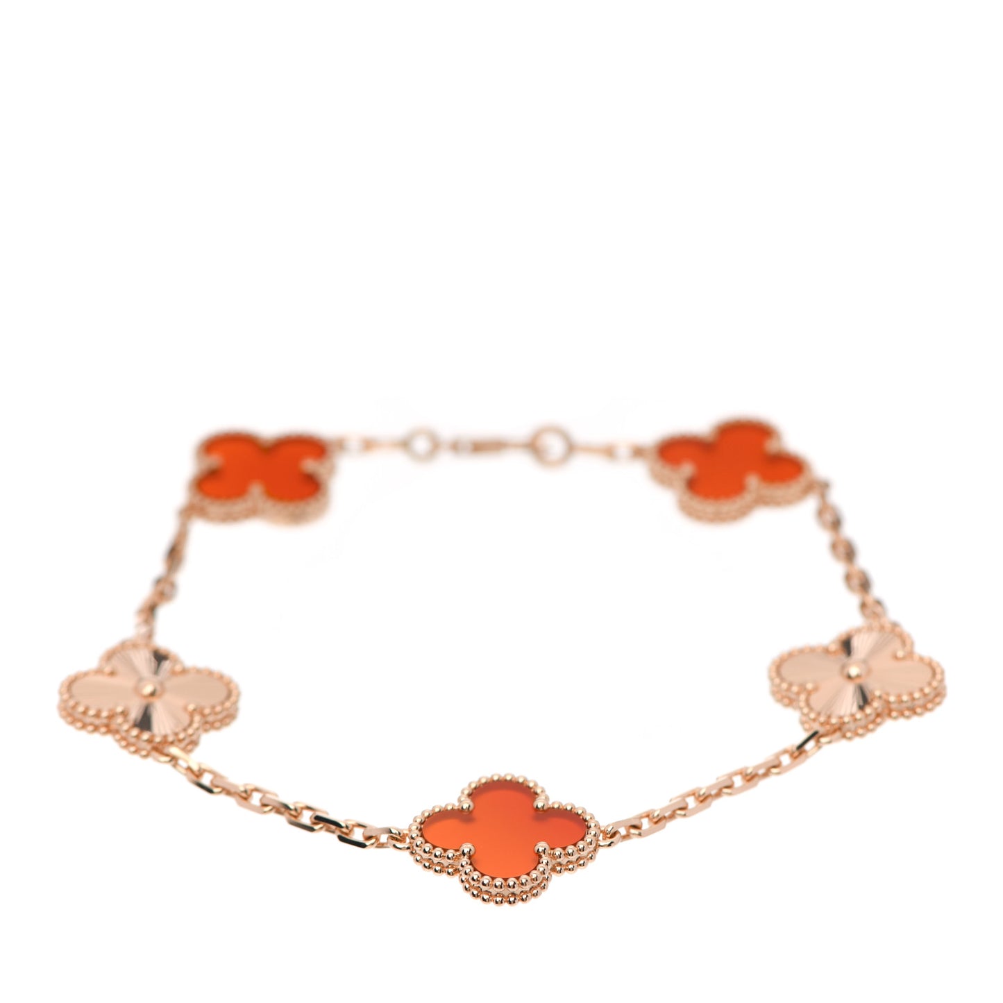 18K Rose Gold Carnelian 5 Motifs Guilloche Vintage Alhambra Bracelet